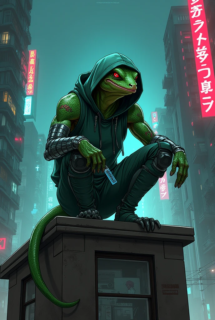 illustrative art anime cyberpunk style, lizard head, 1 tail , greenskin, lizard head, lizard man, cyber right arm, Eyes red, wearing hooligan clothes, hooded, tatuados, futuristic favela scene at night, on top of a building, squatting down , athletic body,serious face, half cyborg, Focus on character and setting, serious face, Raby, showing the character completely,holding a transparent chip.