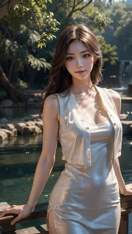 An innocent 20-year-old girl、((White vest, Dramatic Pose)),smile,Shortcuts,nature Park、Original photo, (8k、Highest quality、masterpiece:1.2)、(Intricate details:1.4)、(realism:1.4)、Octane Rendering、Ultra-detailed and intricate 3D rendering, Studio Soft Light, Edge Light, Vivid details, Very detailed, Realistic skin texture, Detailed face, Beautiful details in the eyes, Very detailed CG Unity 16k 壁紙, cosmetics, (Detailed Background:1.2), Glowing Skin, whole body、Cleavage,((Stand with hands clasped behind one&#39;s back、Leaning forward、Top view))
