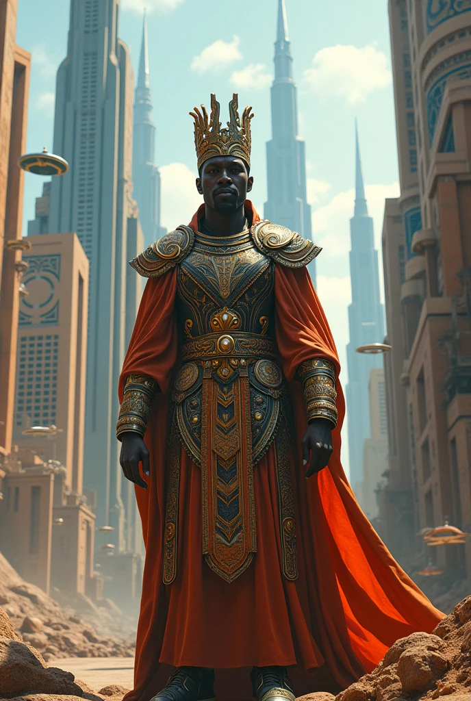 Futuristic African city. Futuristic African king. Ultra high quality.