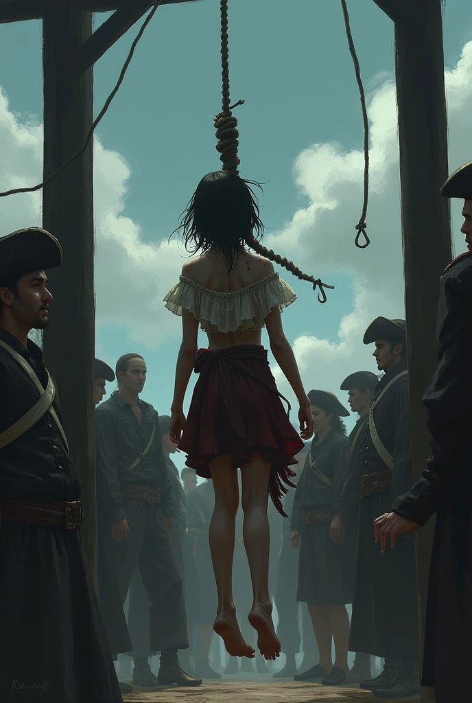 A pirate girl is executed by hanging in the pirate era. The rope is on her neck. She is barefoot and in a poor, ripped clothing. She has wounds and bruises from the humiliation. Its a public execution. She is already hanging down and dying. The wind blows her body so she is not hanging simmetrically