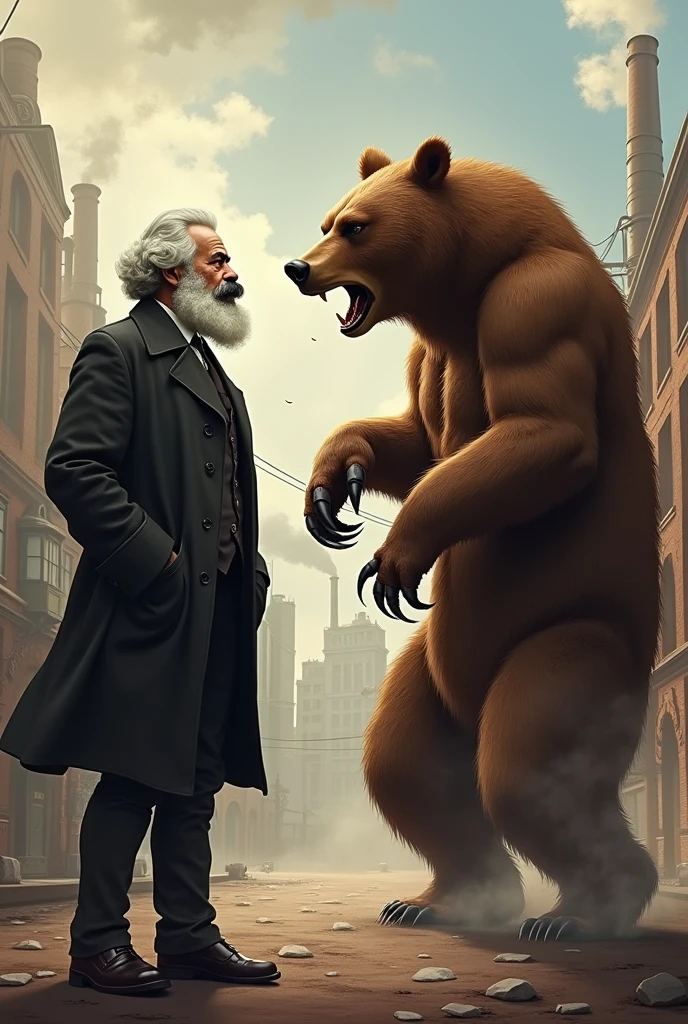 generates an image of karl marx fighting an animated bear