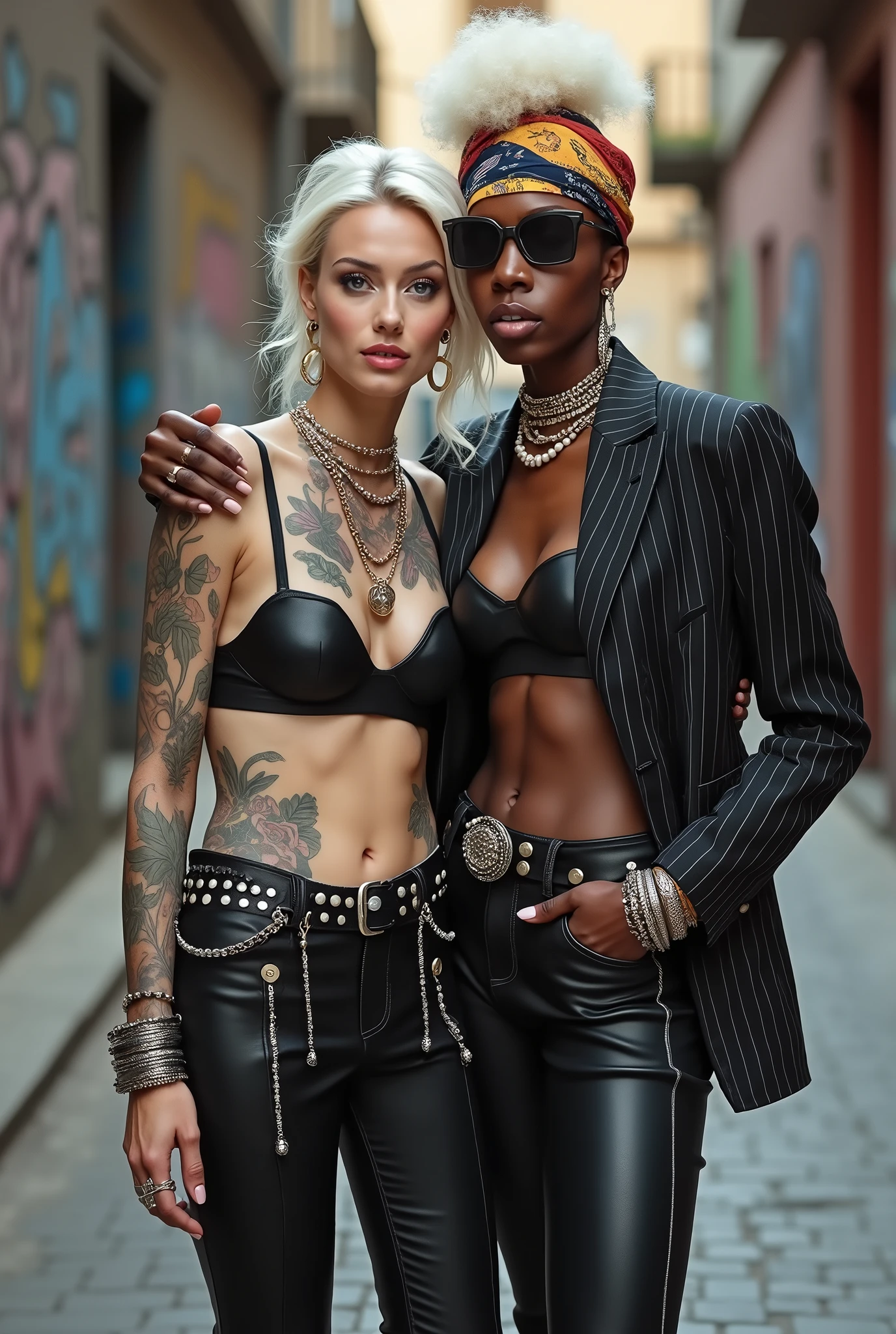 Two russian old milf women: the dominant aggressive dark skinned black woman in business pinstripe suit (jacket and trousers), black heeled shoeslong nails and afro hair, standing up with separated legs and possessive stance showing off her new white girlfriend to the camera (arm around her girlfriends' shoulder squishing her tightly, and grabbing tightly the white woman arm with her other hand, like a predator on her prey). Next to her, her white rich drunk girlfriend looks at the camera (white woman is very pale: pale face, pale neck, pale chest, pale arms, pale hands, pale stomach, pale leg), white woman stretches her neck and looks at the camera feeling overwhelmed by her girlfriend. white woman leans on her girlfriend , feeling dizzy and needy. white woman is being seduced. White woman stands up with separated legs, White woman"s body is twisted and unstable, the hands of white woman are in her pockets. with hands on her belt. White woman dresses in rock chic style: Black skinny leather low rise jeans with white seams, platinum blonde hair (pouf, top bun, wide colourful bandana as headband) and oversized square sunglasses as headband. Big lips with no makeup. Black studded leather push up bra with white seams, big breasts. Barefoot.. Lots of thick wide studded bracelets in the wrists of the white woman, big pearl necklaces around the neck of the white woman, and big rings, Pearl earrings. Wide loose studded belt with big solid buckle. Loose chains and studded belts around the hips of the white woman. White woman is lazy, leaning on her girlfriend.. The white woman is densely tattooed on neck, tattoed chest, tattoed arms, tattoed stomach, tattoed legs, wrists and feet. White woman has well Toned abdominals, thin neck, slim legs and thin arms. White woman has Narrow hips and noticeable tigh gap. The body of the white woman is twisted in a lazy posture. Full body. On a narrow street with graffitied walls