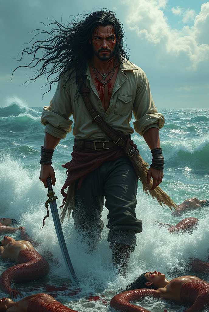 black hair girl,covered in blood, in pirate clothes, Coming out of the water with a sword in his hand and bodies of dead mermaids around him