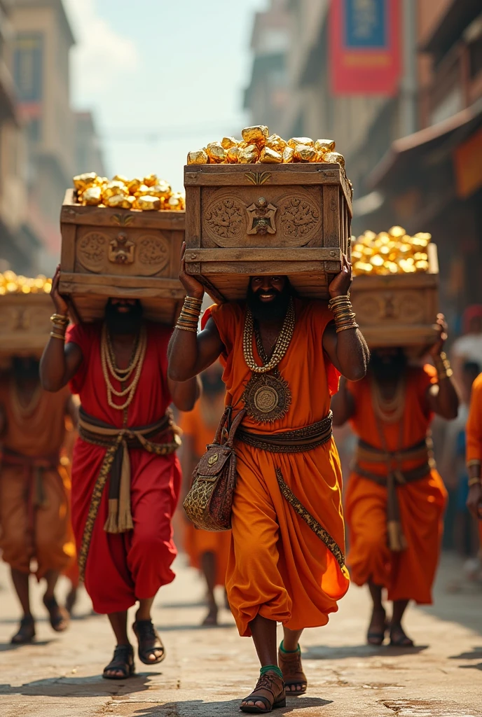 Men in bright clothes carry boxes of gold