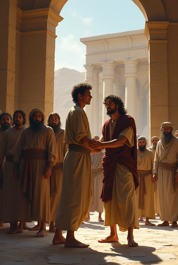 create an image of a young Hebrew being sold by his brothers biblical temples