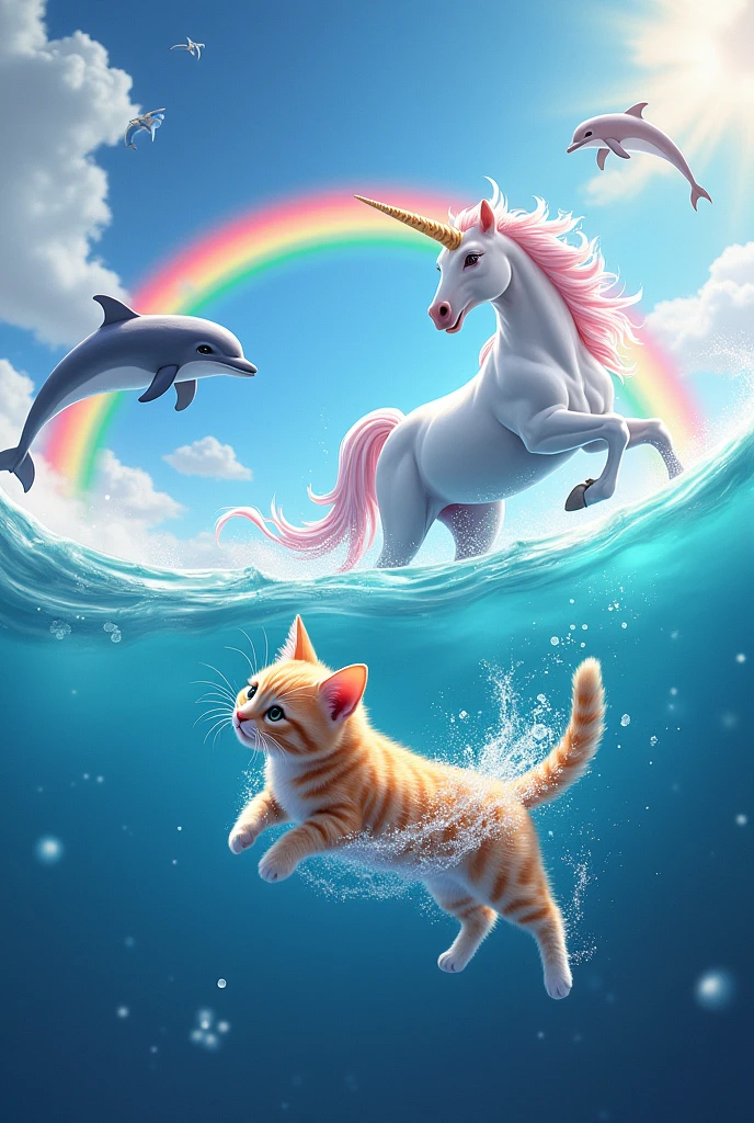 Generate an image of a cat in the sea add more rainbows perfect now add a dolphin perfect now add a unicorn and more rainbows add a unicorn add a dolphin and a unicorn