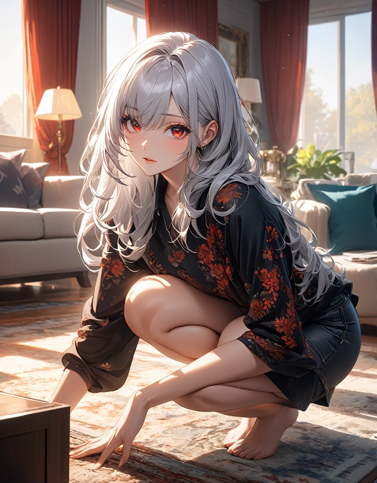 Ultra high resolution, rich colors, perfect image, best quality, detailed image, beautiful single woman, glowing skin, skin and clothing texture, delicate eyes, morning, living room, crouching, shirt, shorts, long silver hair, red eyes