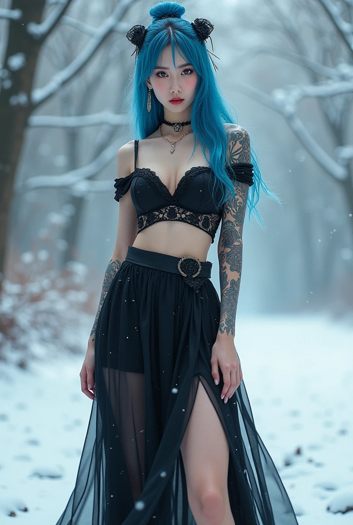 very hot and sexy, jaw-dropping beauty, perfect proportions, beautiful body, slim body beauty:1.4), Chinese, A girl stands in the snow, wearing a Black off-shoulder top and skirt, skirt, long skirt l, Effect of water flowing in the air, tattoo, blue hair, red lip, Stockings, high heel, long hair, 3D