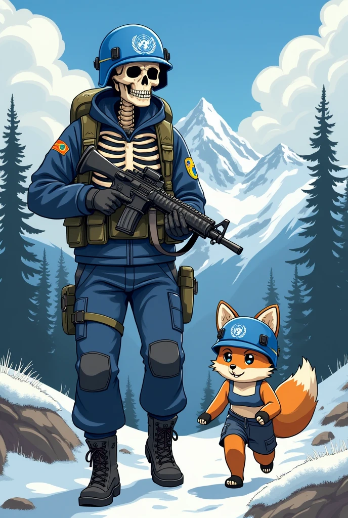 Brazilian skeleton soldier with UN helmet, with the company of a furry fox in a bra and sweatpants with a UN helmet on a mission in Norway in a cute sexy anime drawing.