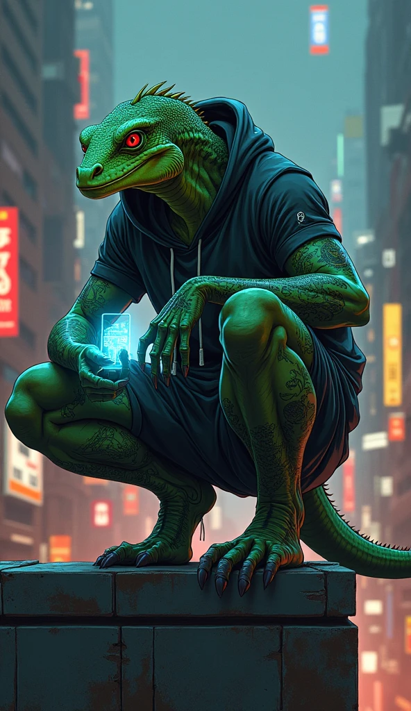 illustrative art anime cyberpunk style, lizard head, 1 tail , greenskin, lizard head, lizard man, cyber right arm, Eyes red, wearing hooligan clothes, hooded, tatuados, futuristic favela scene at night, on top of a building, squatting down , athletic body,serious face, half cyborg, Focus on character and setting, serious face, Raby, showing the character completely,holding a transparent chip.