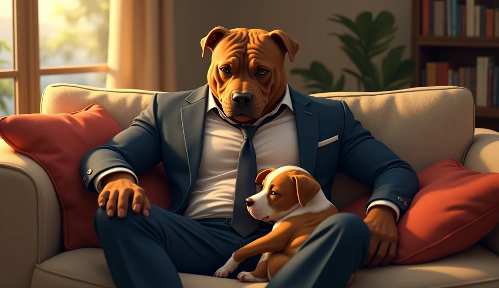 Pit Bull in suit and tie playing with his son on the living room sofa