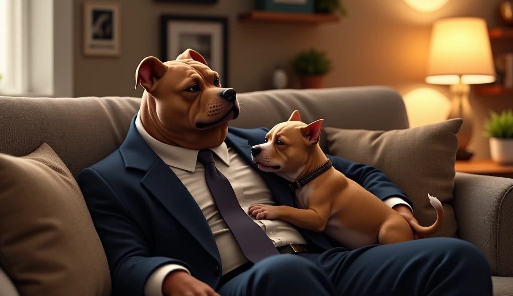 Pit Bull in suit and tie playing with his son on the living room sofa