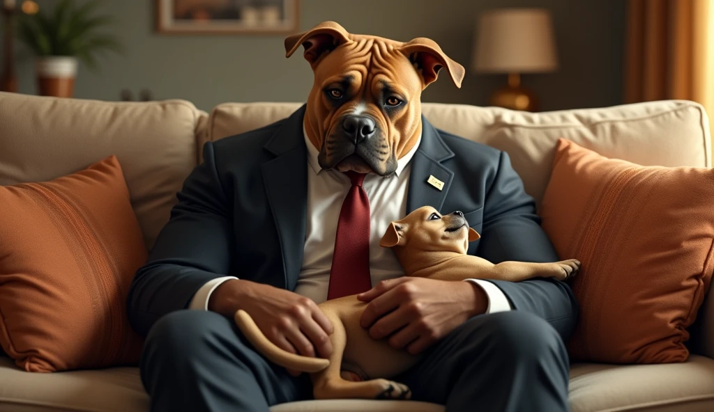 Pit Bull in suit and tie playing with his son on the living room sofa