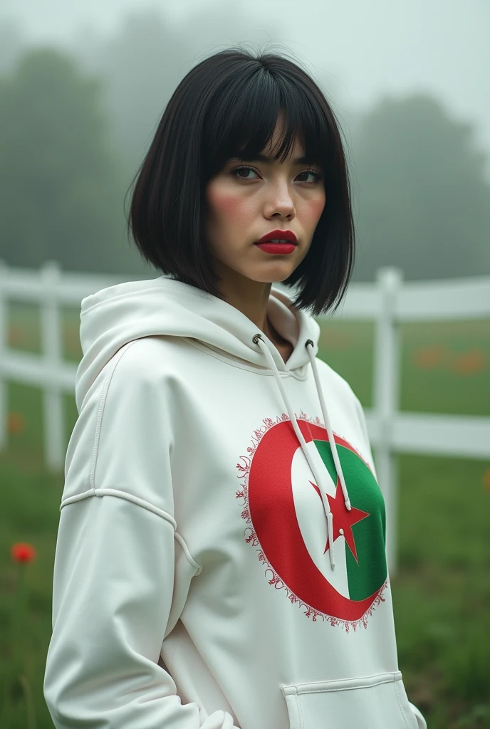 Woman wearing white hoodie, with Algerian flag, red and green printed on top of hoodie. She looks directly into the camera with a serious expression.. Her hair is dark and styled in a bob cut.. She did her makeup very well, with dark eyeliner and red lipstick.. The background is a blurry image of a green field with a white fence in the background.. Some numbers can be seen in the distance, but they are not in focus..