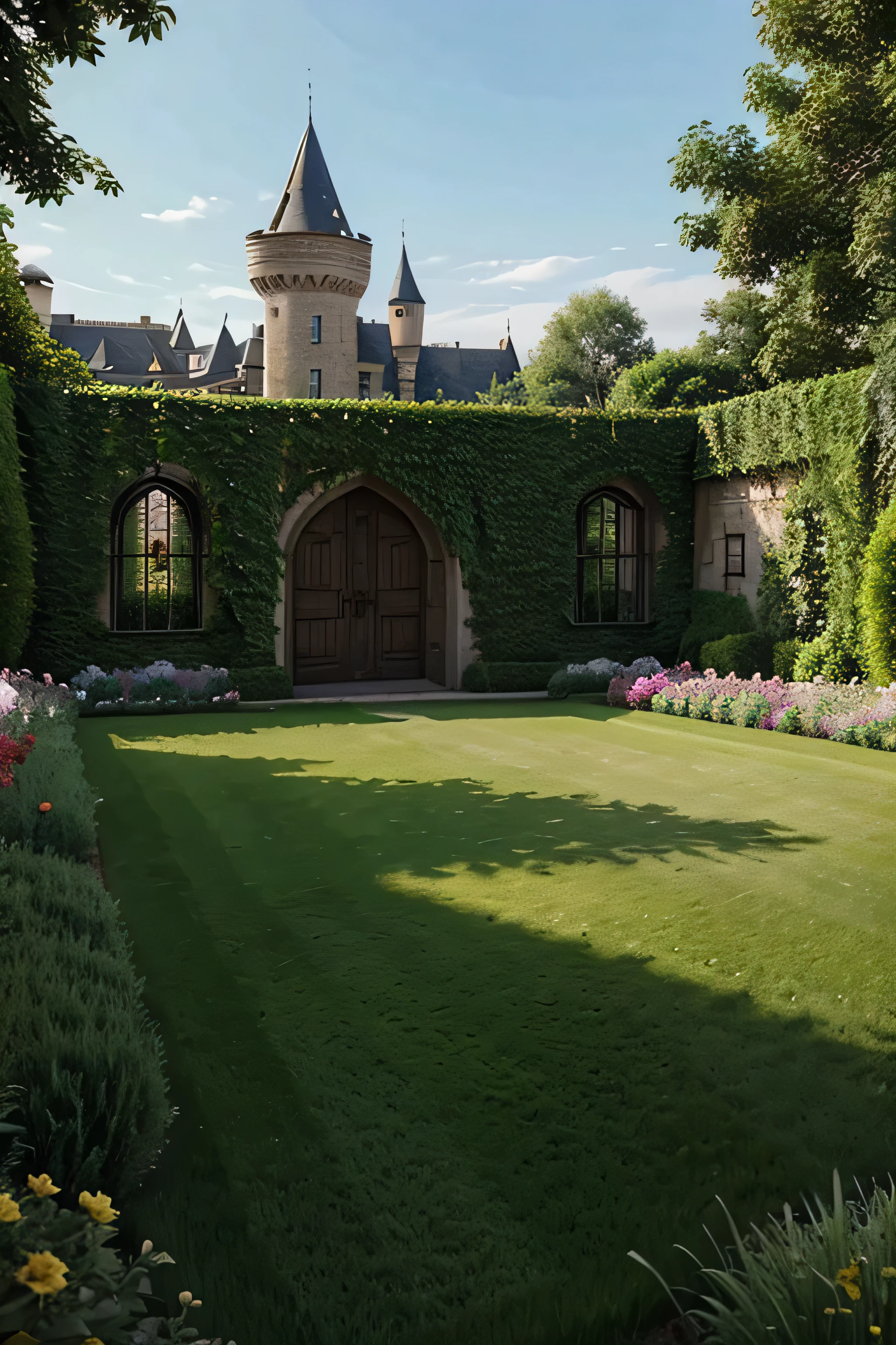 Background of a garden that is inside a castle where there is plenty of grass and is as realistic as possible