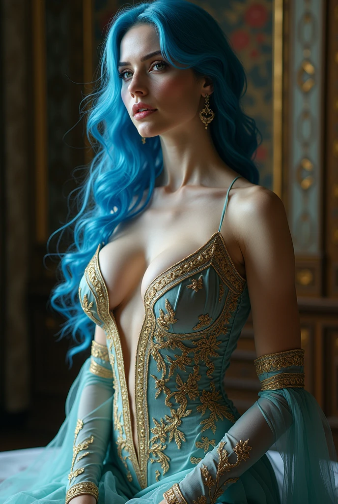 An elegant woman with dress, blue hair, white skin, cleavage. She is posing. Her outfit is adorned with gold embroidery. A masterpiece in 8K ultra.