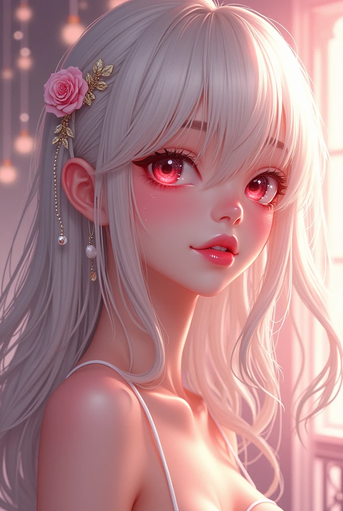 (1 girl), Red eyes,long hair,, big lips, anime, beautiful lips,, ((Best quality)), Soft fill, a high resolution, hourglass body, , sexy POV video, big lips, White hair, ((Red eyes)), , big lips,x ornament, ornament, Duck face, shiny lips in pink clothes