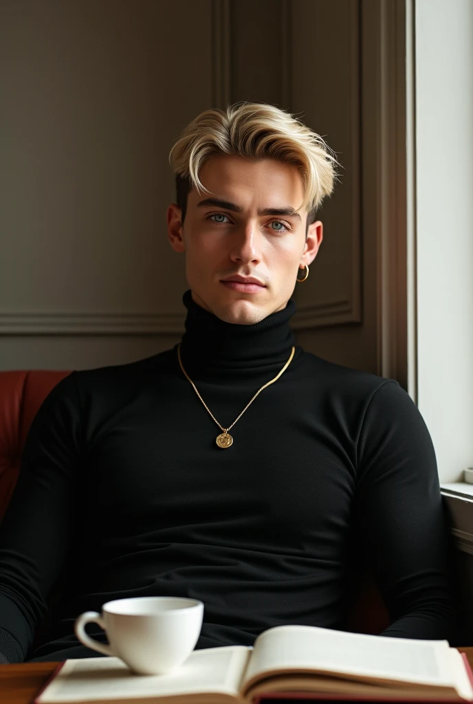 "A young man in his 25s with mid-fade blonde hair, light blue eyes, and fair skin sits comfortably in a chair in a cozy café. He's wearing a black turtleneck and a discreet gold necklace. A cup of coffee sits next to him and a book sits open on the table. The soft light in the room illuminates his face naturally, and he looks at the camera with a relaxed and confident expression. The neutrals and modern, stylish decor create a relaxed and welcoming atmosphere."