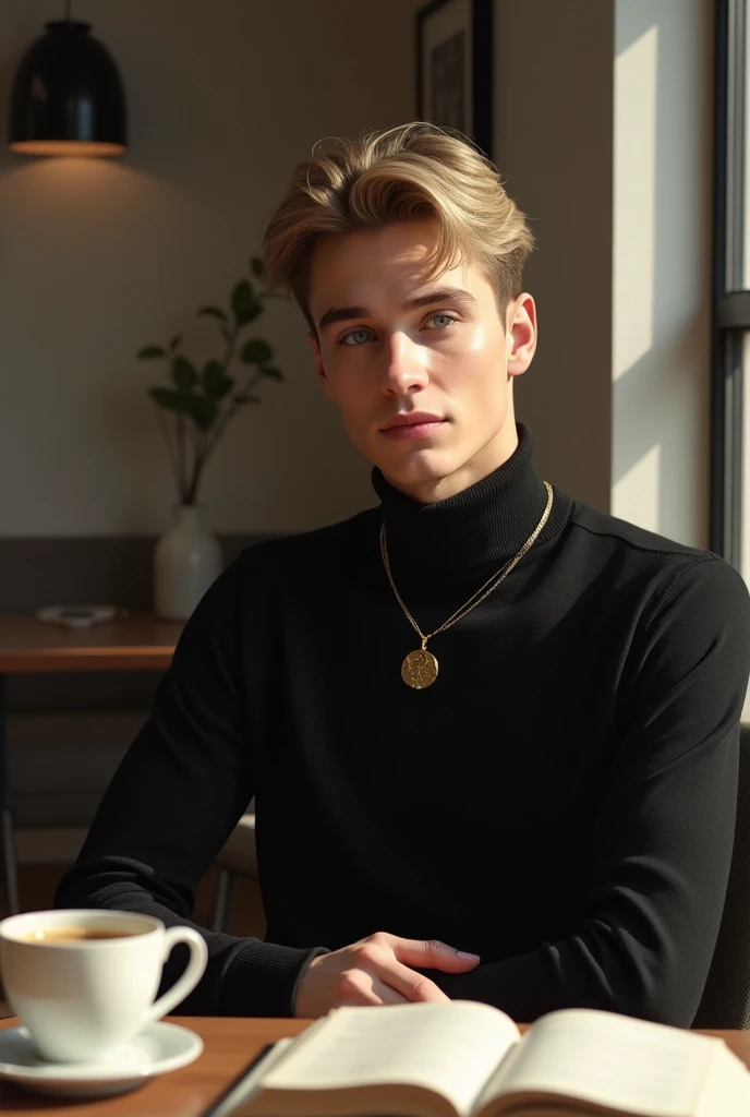 "A young man in his 25s with mid-fade blonde hair, light blue eyes, and fair skin sits comfortably in a chair in a cozy café. He's wearing a black turtleneck and a discreet gold necklace. A cup of coffee sits next to him and a book sits open on the table. The soft light in the room illuminates his face naturally, and he looks at the camera with a relaxed and confident expression. The neutrals and modern, stylish decor create a relaxed and welcoming atmosphere."