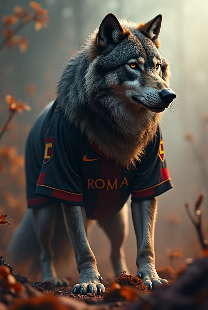 Design a wolf with the ROMA black alternate jersey, imposing, strong, dinga image and special as a cover photo as for a vs. Surreal image, 3d professional looking sideways as if for a versus