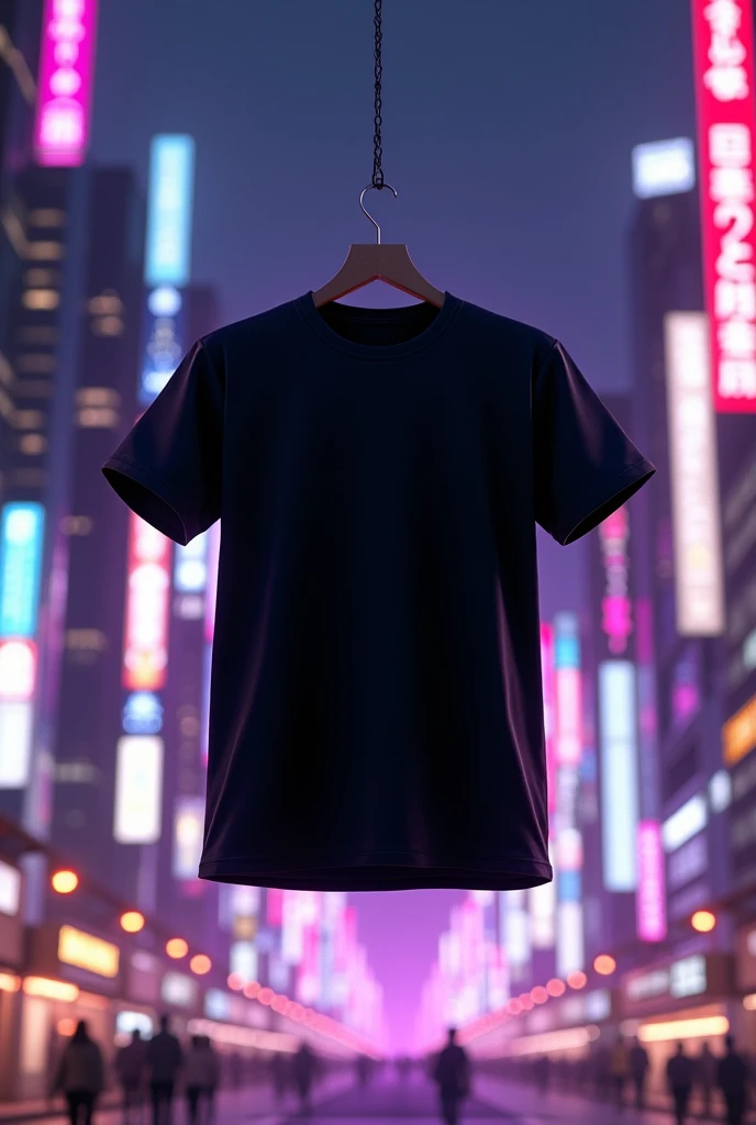 A floating 3D black t-shirt with a background of downtown Tokyo at night with buildings and shops with purple neon lights highlighted.