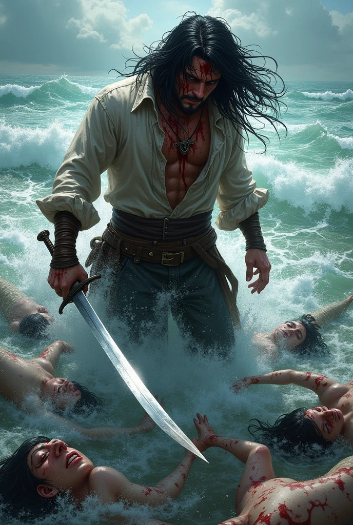 black hair girl,covered in blood, in pirate clothes, Coming out of the water with a sword in his hand and bodies of dead mermaids around him