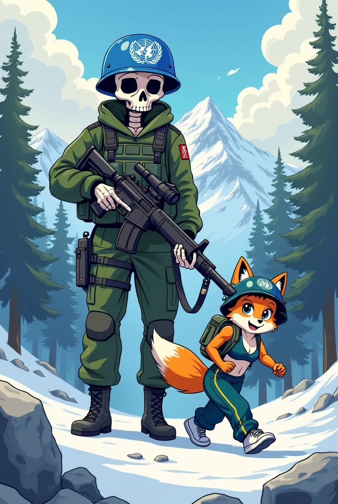 Brazilian skeleton soldier with UN helmet, with the company of a furry fox in a bra and sweatpants with a UN helmet on a mission in Norway in a cute sexy anime drawing.