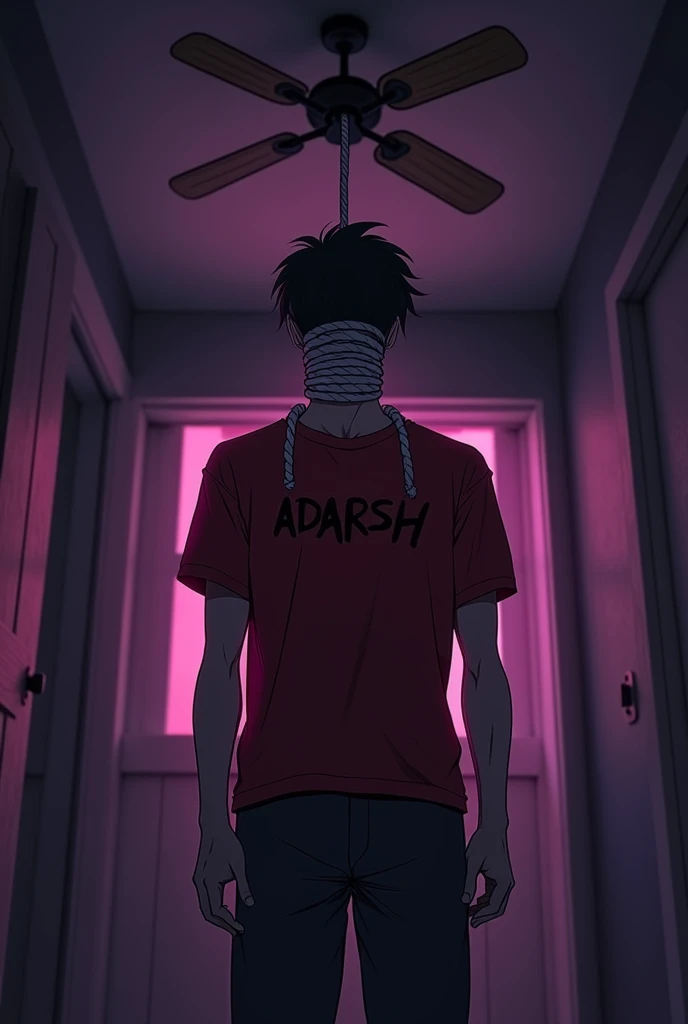 A 20 year old anime boy wearing a red damages stylish tshirt, with ADARSH written over it, hanging himself up about 6 ft. From the ground on the fan with the help of rope his neck is surrounded by the rope, in a dark closed room with little dim violet and pink light, back view.