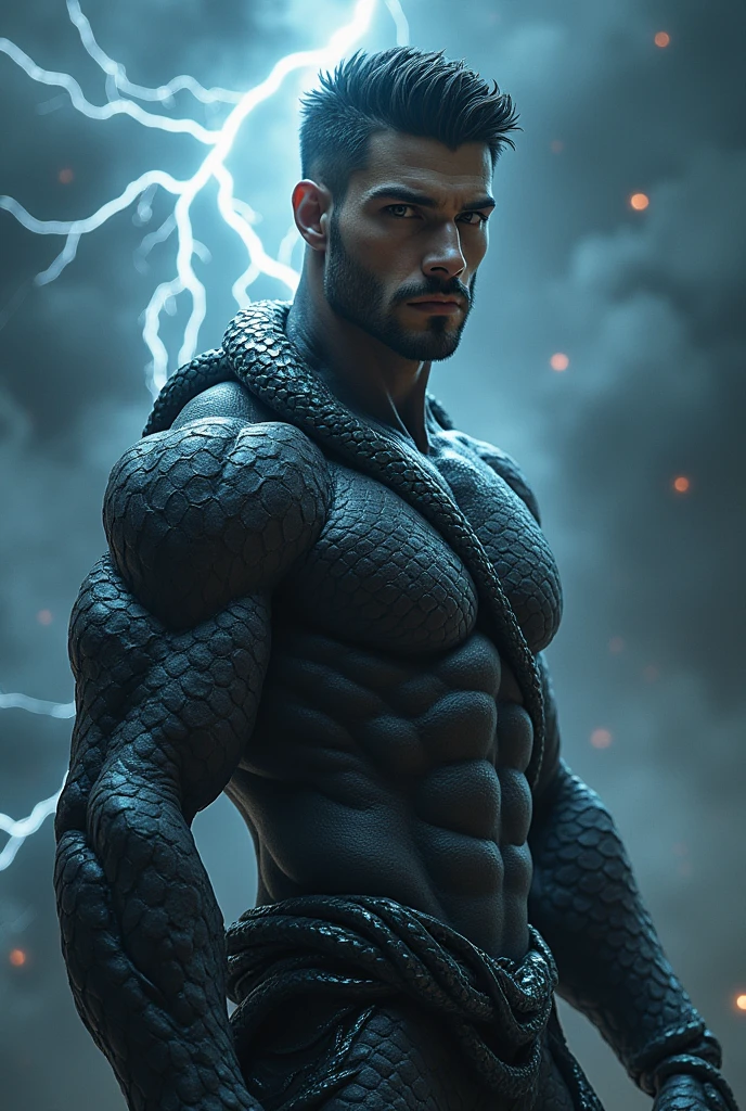 Handsome black half snake human man with cold temperament and thunder powers