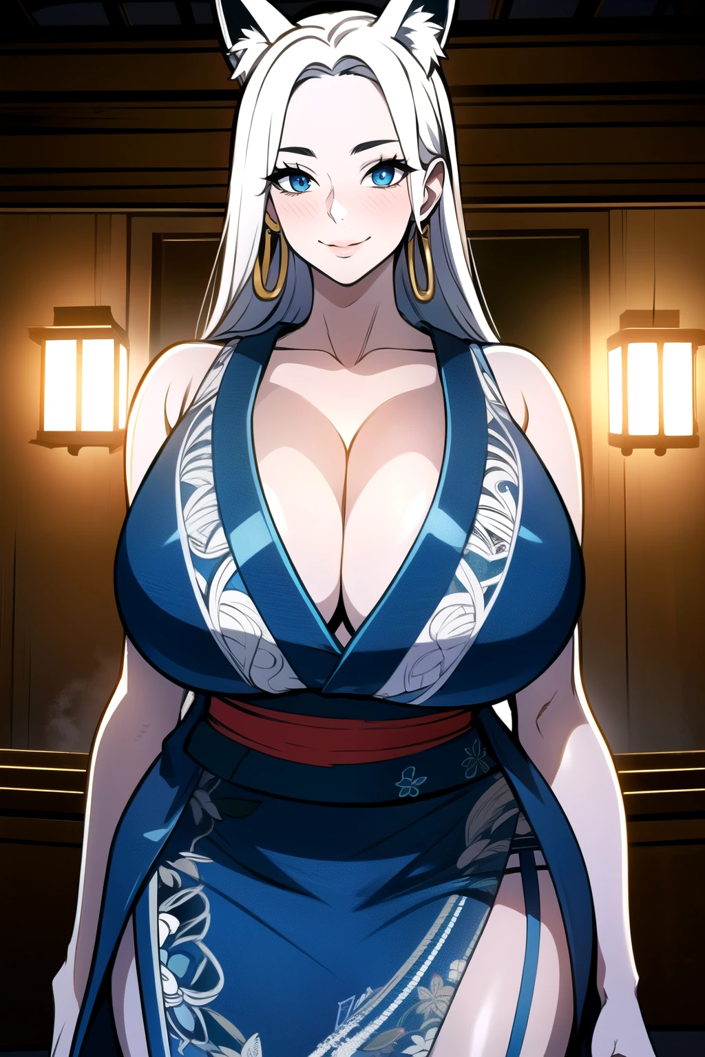 ultra realistic 8k cg, masterpiece, ((ultra detailed background, intricate detail, highly detailed, fine details best quality, hyperdetailed face)), gigantic breasts ,beautiful lighting, absurdres, BoaHancockV2, 1girl, solo, (white hair), long hair, jewelry, closed mouth, ), cleavage, (short kimono : 1.1), (cleavage),, curvy, midriff, curvy, thighs, shiny clothes), blue eyes, complex detailed background, indoor, palace), ((cowboy shot)), curvy, (gigantic breasts: 1.1), seductive smile, cowboy shot, earrings, jewelry, fox ears
