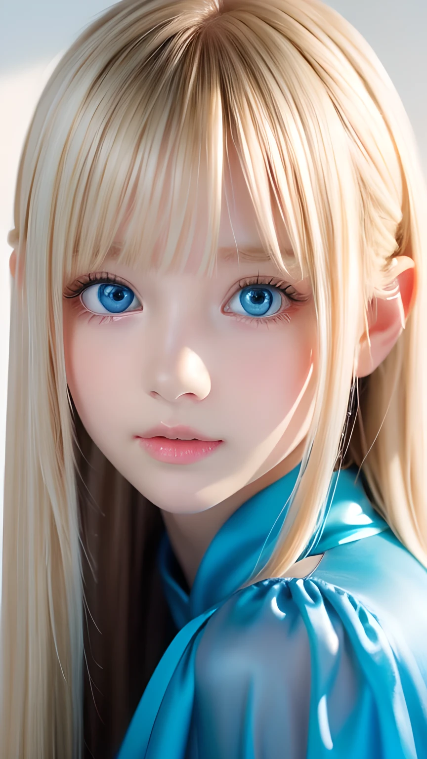Portrait、front、Kiss、Very beautiful blonde hair、Bright Blue Eyes、Beautiful Girl、1 Nordic beauty、Shiny, super long, straight, silky hair、Beautiful natural platinum blonde、Very bright, large light blue eyes that shine beautifully、Double eyelids、Big eyes、Small Face Beauty、round face、Cheek gloss highlighter、Ample breasts、Very white and shiny skin、Glowing Skin、Mysterious blonde hair color that changes with the light、Long bangs obstruct the view、Sexy and very beautiful lovely cute gorgeous face、The most beautiful face in the world、smooth, straight hair、Shining light blue eyes、Beautiful bangs、Beautiful cute girl、disheveled bangs above the eyes,