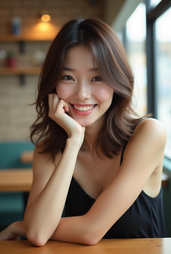 Photorealistic of beautiful Japanese , photo of Japanese famous fashion model girl, brown hair, private, (alone), (slender:1.2), (black camisole:1.3), cafe, smiling, resting chin on hand.