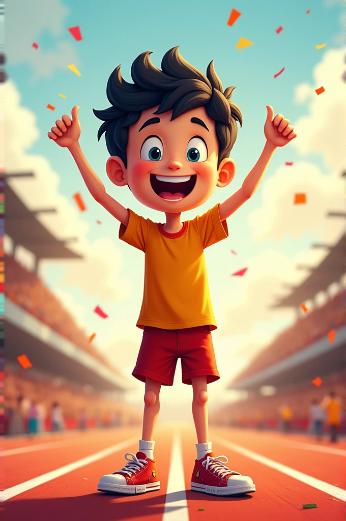cartoon little skinny boy with black curls with curved normal ears winning first place