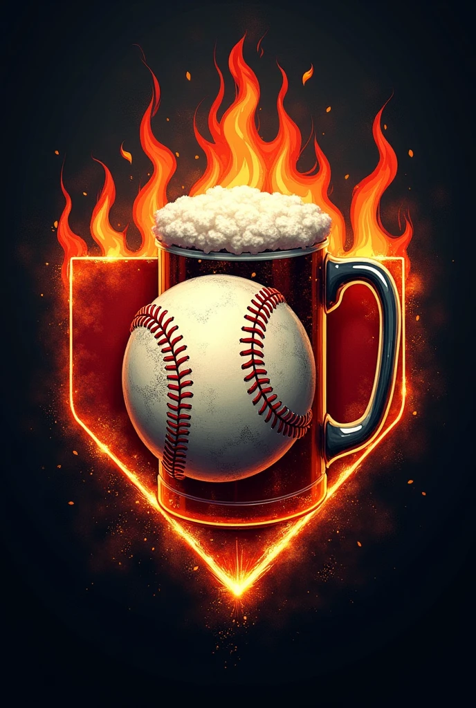 Baseball logo that intimidates other teams called baseball club bocasecas, with a beer, a baseball and fire around it 
