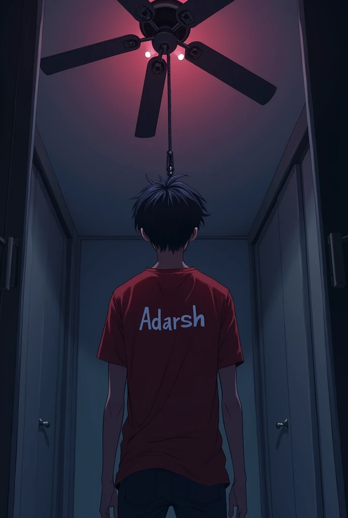 A 20 year old anime boy wearing a red damages stylish tshirt, with ADARSH written over it, hanging himself up about 6 ft. From the ground on the fan with the help of rope his neck is surrounded by the rope, having a closed eye in a dark closed room with little dim violet and pink light, back view.