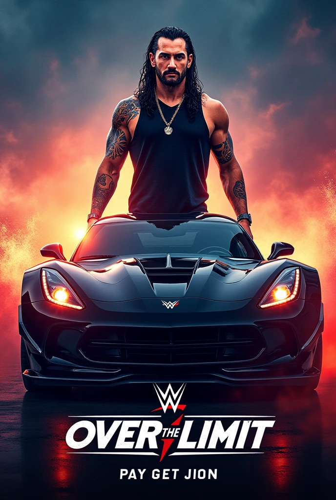 wwe pay per view poster with a car and seth rollins and name the pay per view over the limit