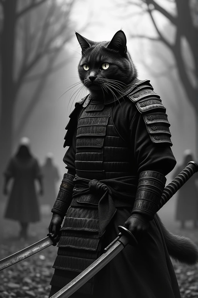 Do a samurai cat with a black scenario make the screen black and white