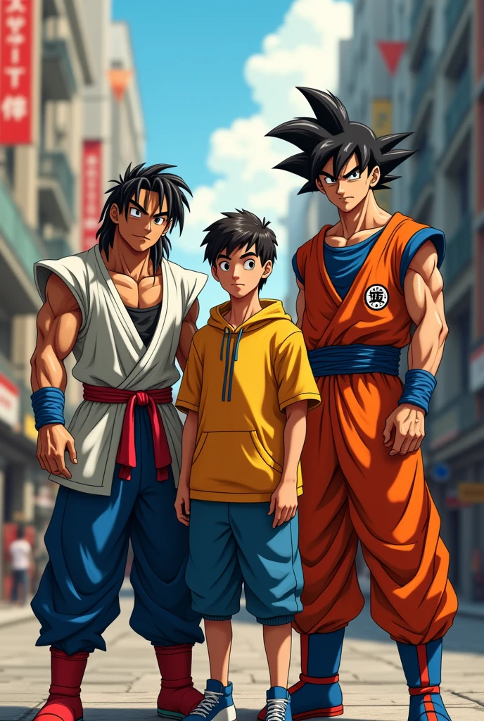 Generate an image for me with three mans, one who has boxer braids glued together and is latin, another who is a little shorter and has Peruvian features, and another who is taller and is also somewhat latín but with straight hair. The tree man are in the City whit dragon Ball clothes. The man are watching the cmamara