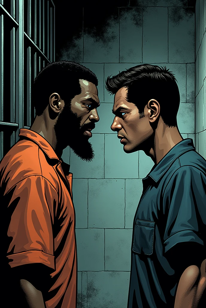 An African-American man in jail asks another Latino man to kill his boss in a comic-style drawing