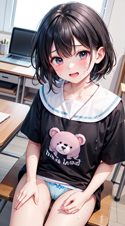 Highest quality,Ultra-wide angle composition、　Sweaty face　cute　short hair　boyish　My hair is wet with sweat　Desk corner masturbation　Panting　Cute bear illustration panties