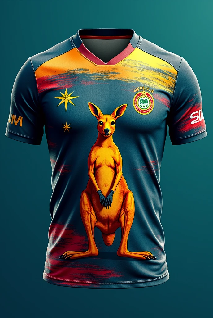 Create an Australia team jersey , With blue colors, red and white  