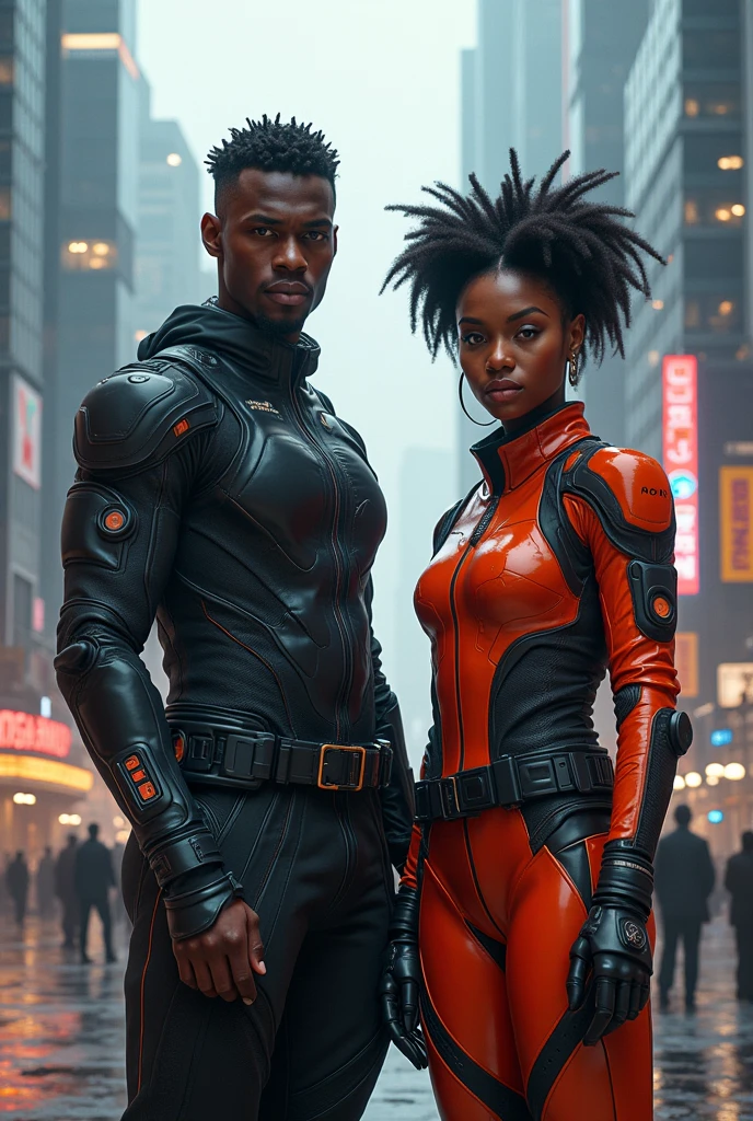 Futuristic African city. Black man and woman. High tech gear. Ultra high quality.