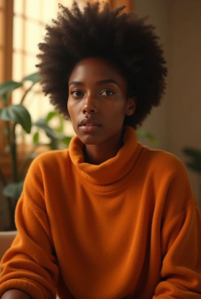 Beautiful Black Female, hazy look, slouchy orange turtleneck, facing camera