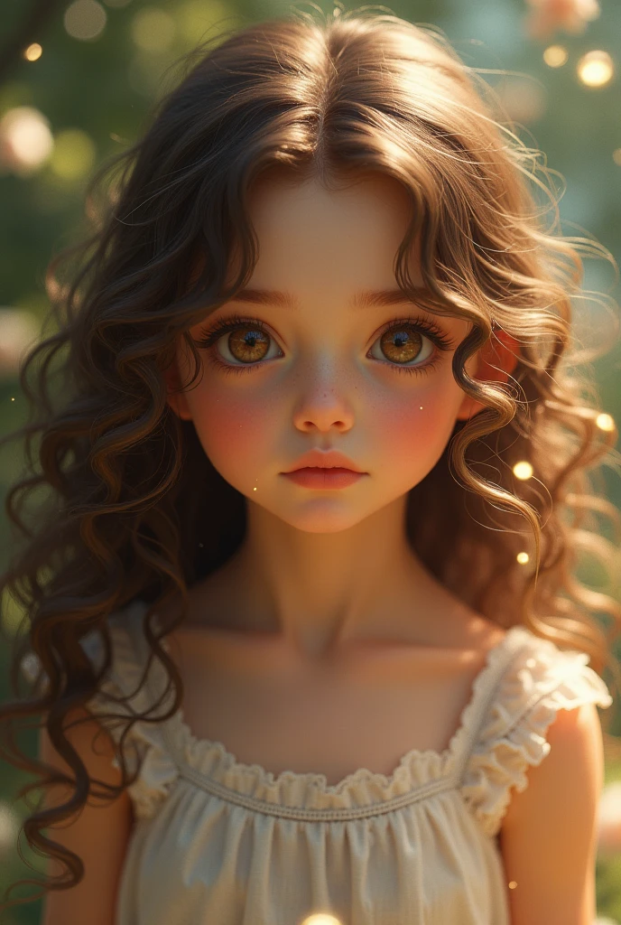 Draw a girl with curly brown hair and brown eyes, light brown skin