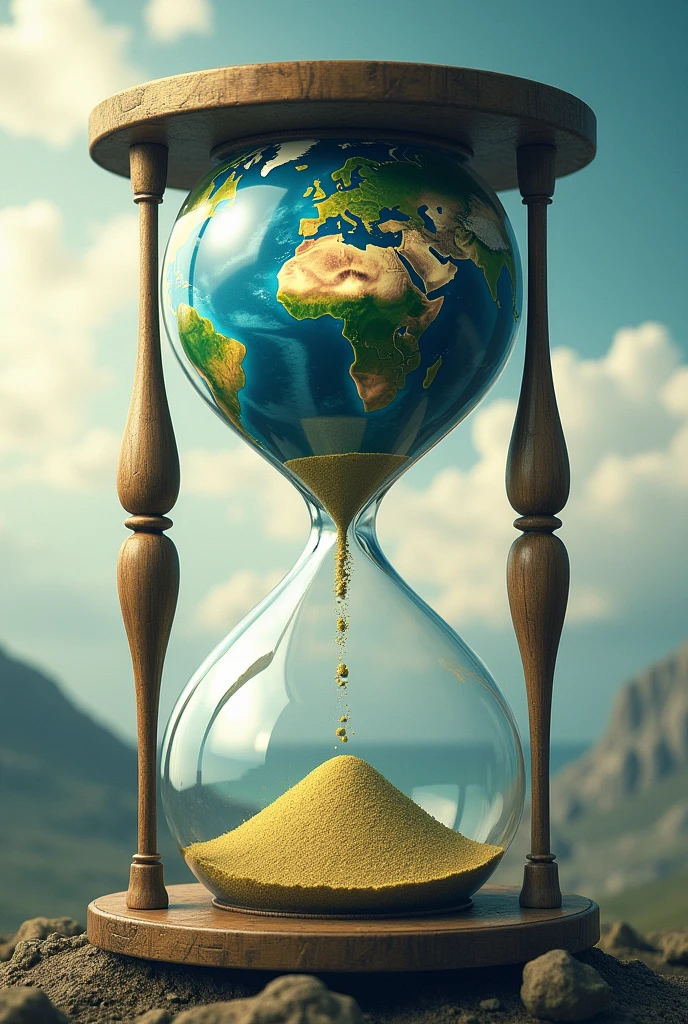 Creative poster 11 inches wide and 17 inches long, on earth inside an hourglass




