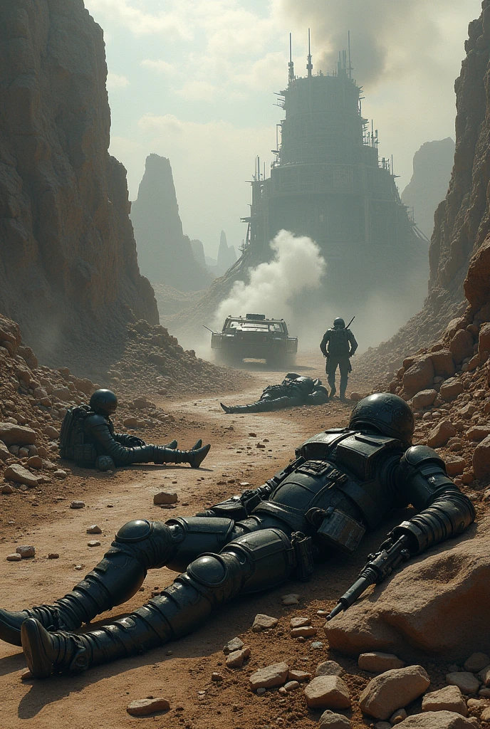 Create a highly realistic visual depiction of the aftermath of a deadly ambush on an Empire patrol unit in a futuristic dieselpunk setting. The scene shows the remains of the patrol, with destroyed vehicles and scattered equipment across a rugged, war-torn landscape. Smoke rises from the wreckage, and the area is littered with debris, twisted metal, and fallen soldiers. The atmosphere is grim and somber, with the remnants of the ambush clearly visible in the form of damaged armor, burned-out vehicles, and lifeless forms. The art style should focus on the realistic portrayal of the devastation, emphasizing the gritty, industrial aesthetics of the dieselpunk theme and the harsh realities of war.