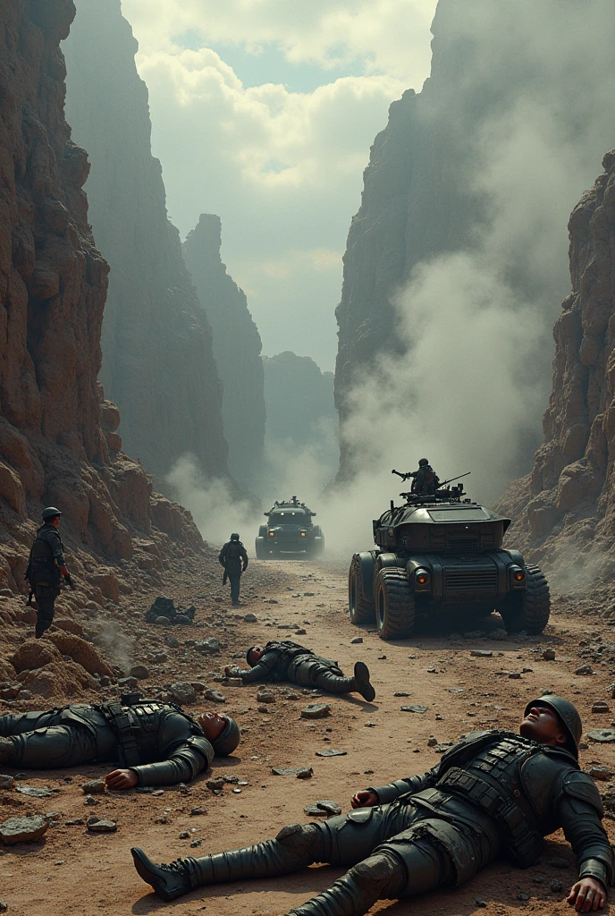 Create a highly realistic visual depiction of the aftermath of a deadly ambush on an Empire patrol unit in a futuristic dieselpunk setting. The scene shows the remains of the patrol, with destroyed vehicles and scattered equipment across a rugged, war-torn landscape. Smoke rises from the wreckage, and the area is littered with debris, twisted metal, and fallen soldiers. The atmosphere is grim and somber, with the remnants of the ambush clearly visible in the form of damaged armor, burned-out vehicles, and lifeless forms. The art style should focus on the realistic portrayal of the devastation, emphasizing the gritty, industrial aesthetics of the dieselpunk theme and the harsh realities of war.
