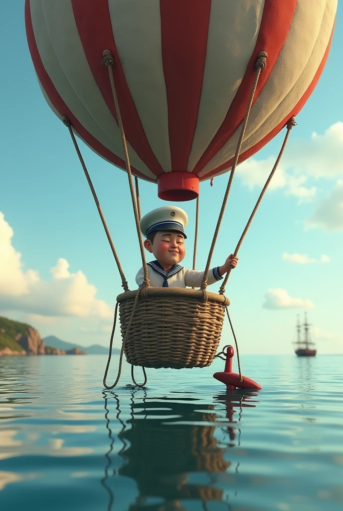 a balloon with a sailor with cap pulling an anchor with ropes, anchor a little submerged, sleepy-faced sailor, 8K, High Quality, photorealistic, background with ships
