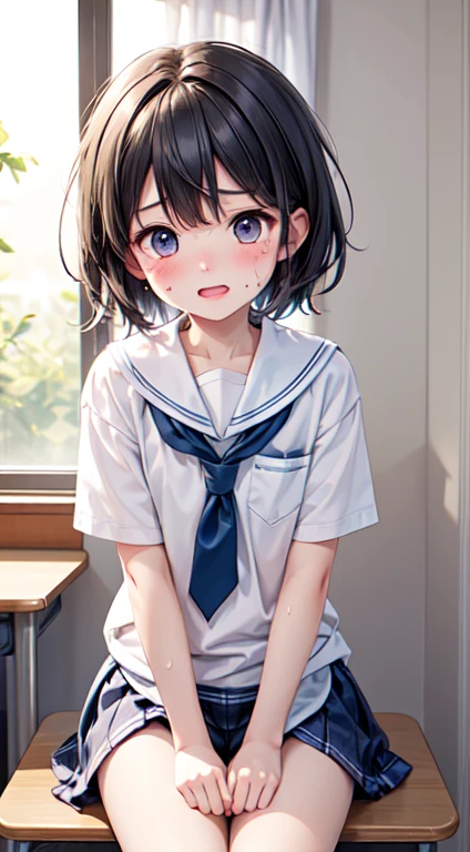 Highest quality,Ultra-wide angle composition、Elementary school girl　Sweaty face　cute　short hair　boyish　My hair is wet with sweat　Desk corner masturbation　Panting　Illustration Panties