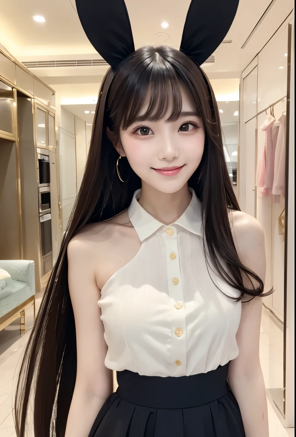 masterpiece、Highest quality、whole body、One Girl、bangs、Japanese、Long Black Hair、Long Hair、smile、alone、Bunny ears、Stylish woman、pastel colored outfits、front、Luxury background elements、Confident expression、Modern and trendy、Fashion focus